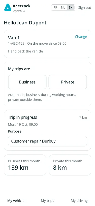 Acetrack driver app on a smartphone: vehicle, business or private trips, trip in progress.