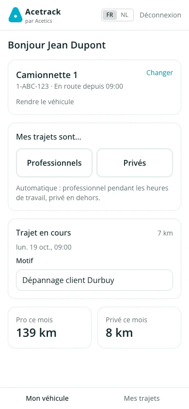 Application conducteur d'Acetrack sur smartphone : véhicule, trajets professionnels ou privés, trajet en cours.
